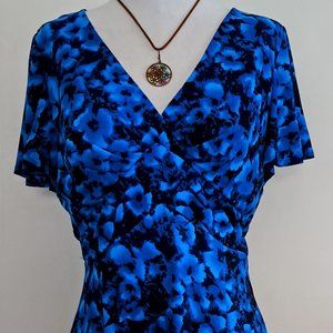 CHAPS Ray Blue Dress Size Medium Spandex Midi Floral Women Dress Flutter Sleeve